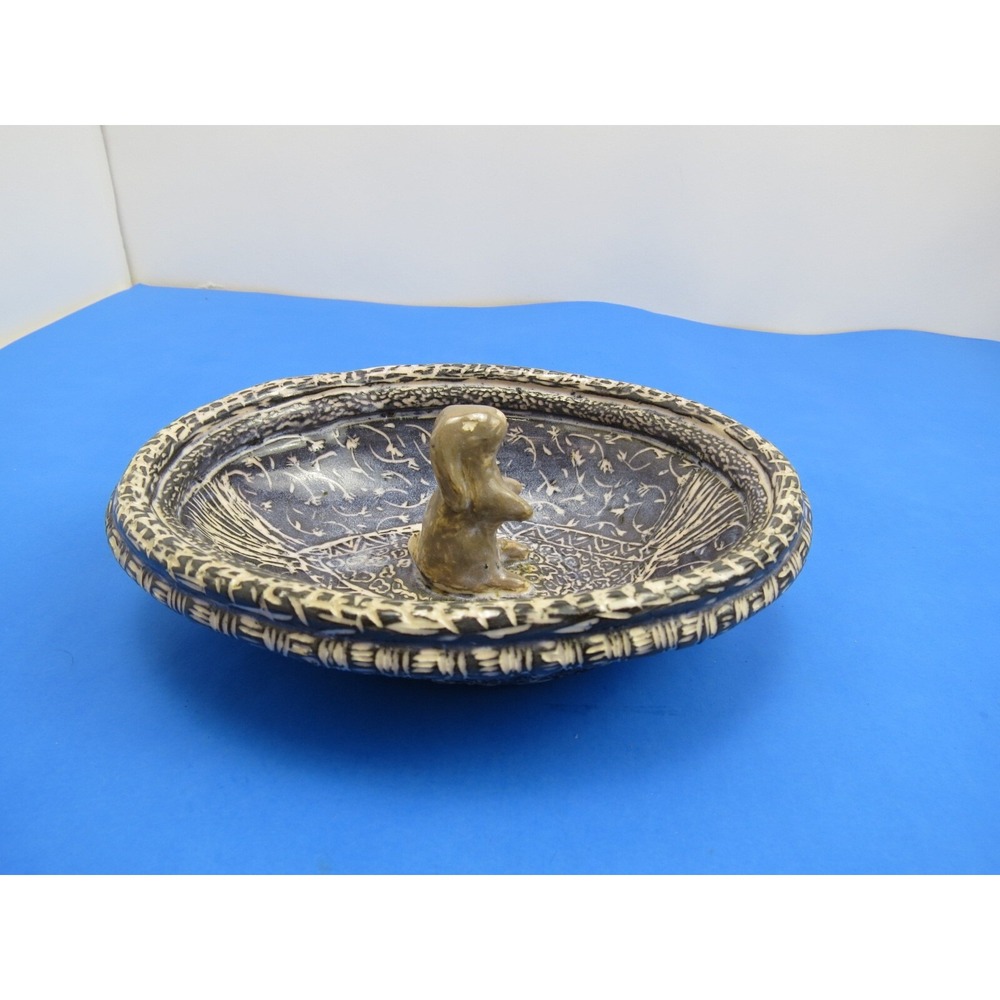 Vintage Handmade Ceramic Folk Art Bunny Rabbit Bowl Birdbath Offering Dish